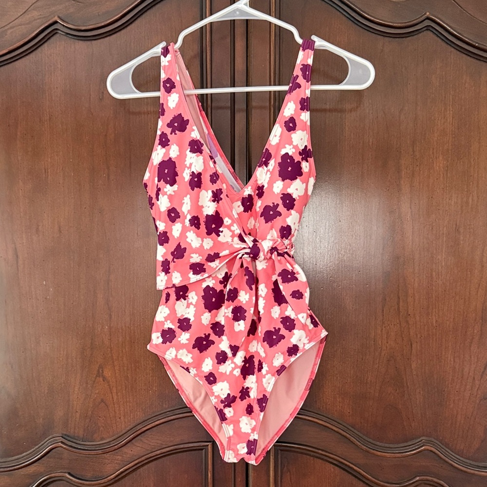 Tanya Taylor Floral One Piece Swimsuit Small Pink Tie Waist Plunge V Neck